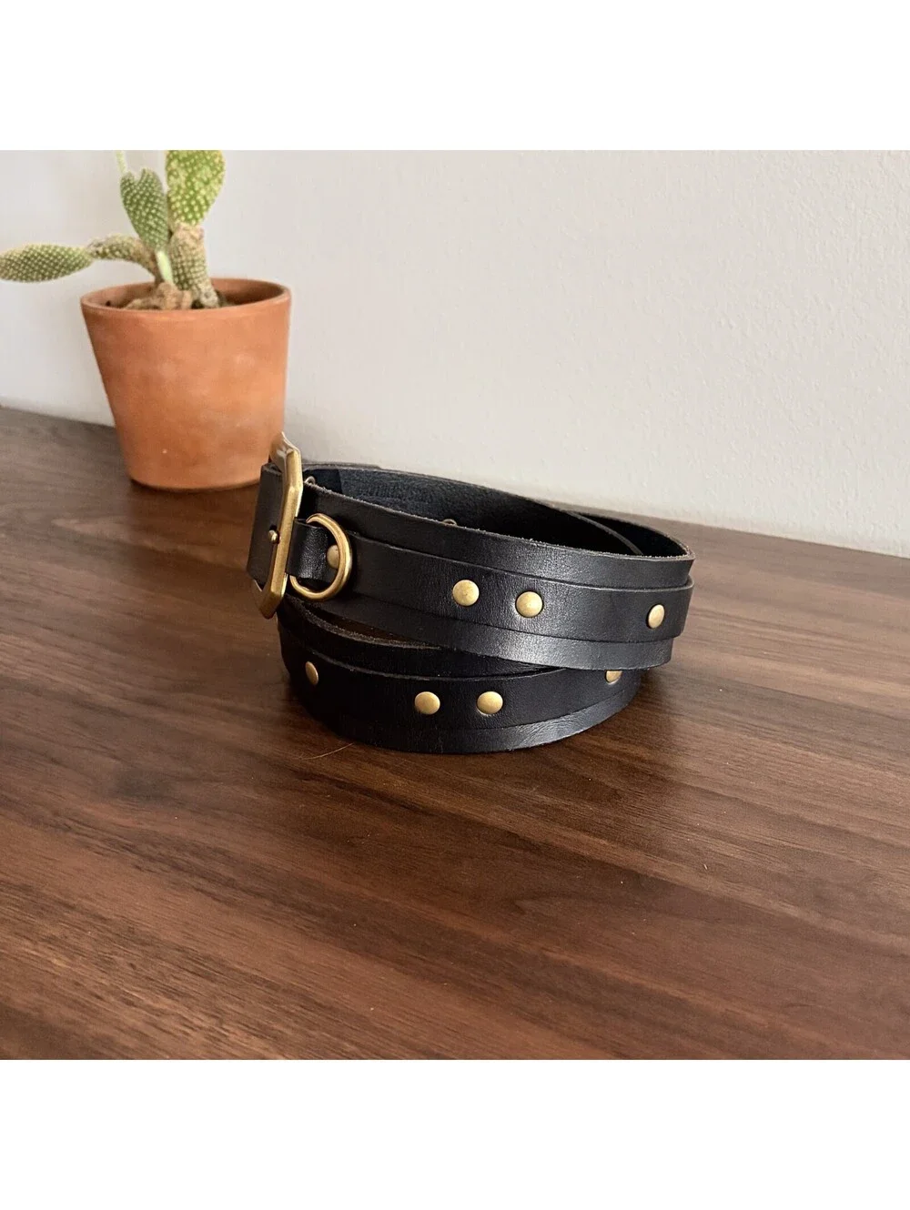 Western Leather Belt Brown Gold Metal Studs and Buckle